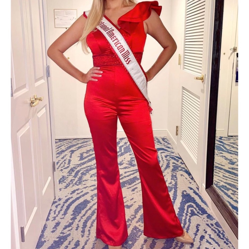 Rachel Allan red satin jumpsuit